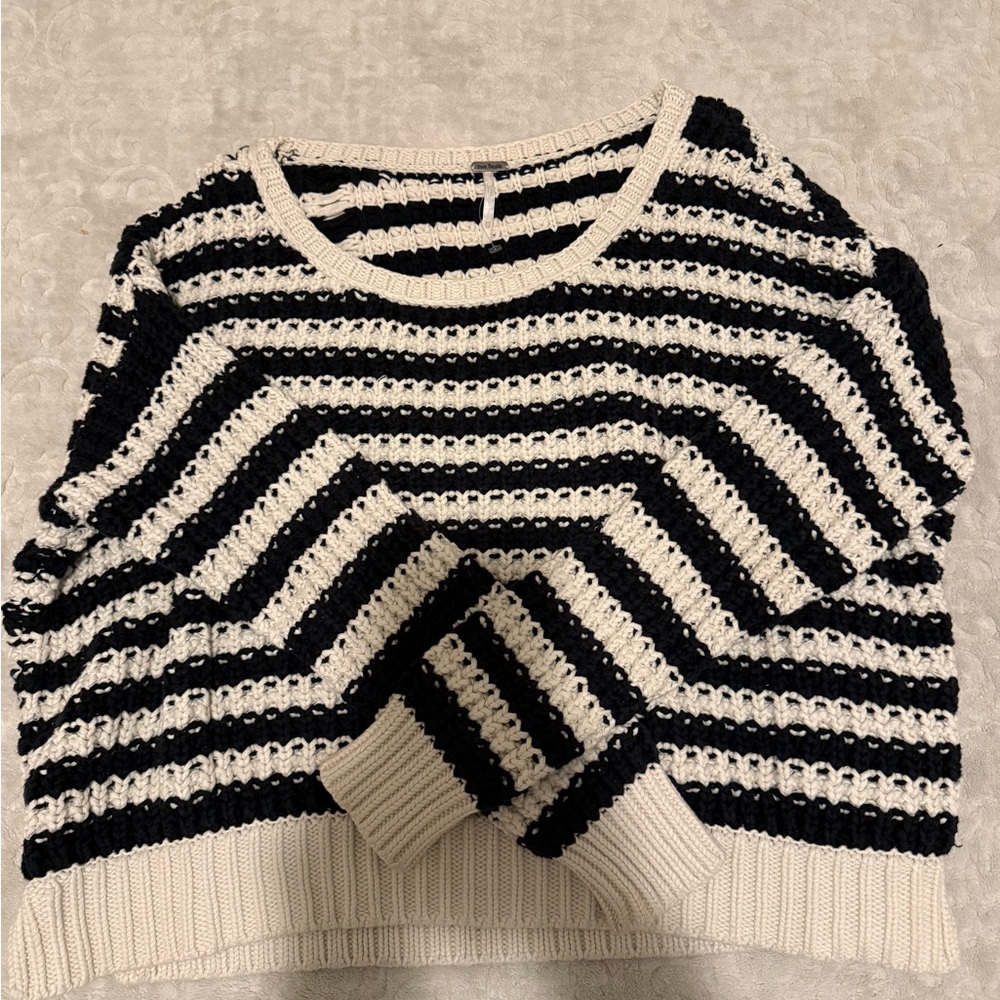 Free People Black and Cream Striped Sweater